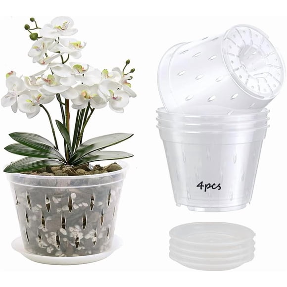 4pcs Orchid Pots (5 Inch /12.5cm), Clear Orchid Pot with Holes and Saucers, Clear Plastic Breathable Orchid pots for Repotting