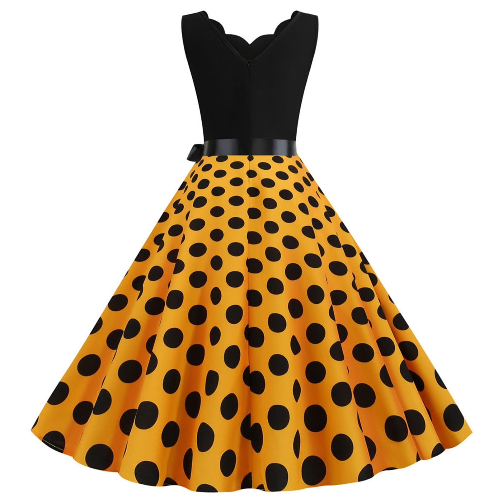XIAOCHA Polka Dot Dress for Women A Line Belted Sleeveless Scalloped Neck Midi Dress Lightweight Vintage Party Dresses