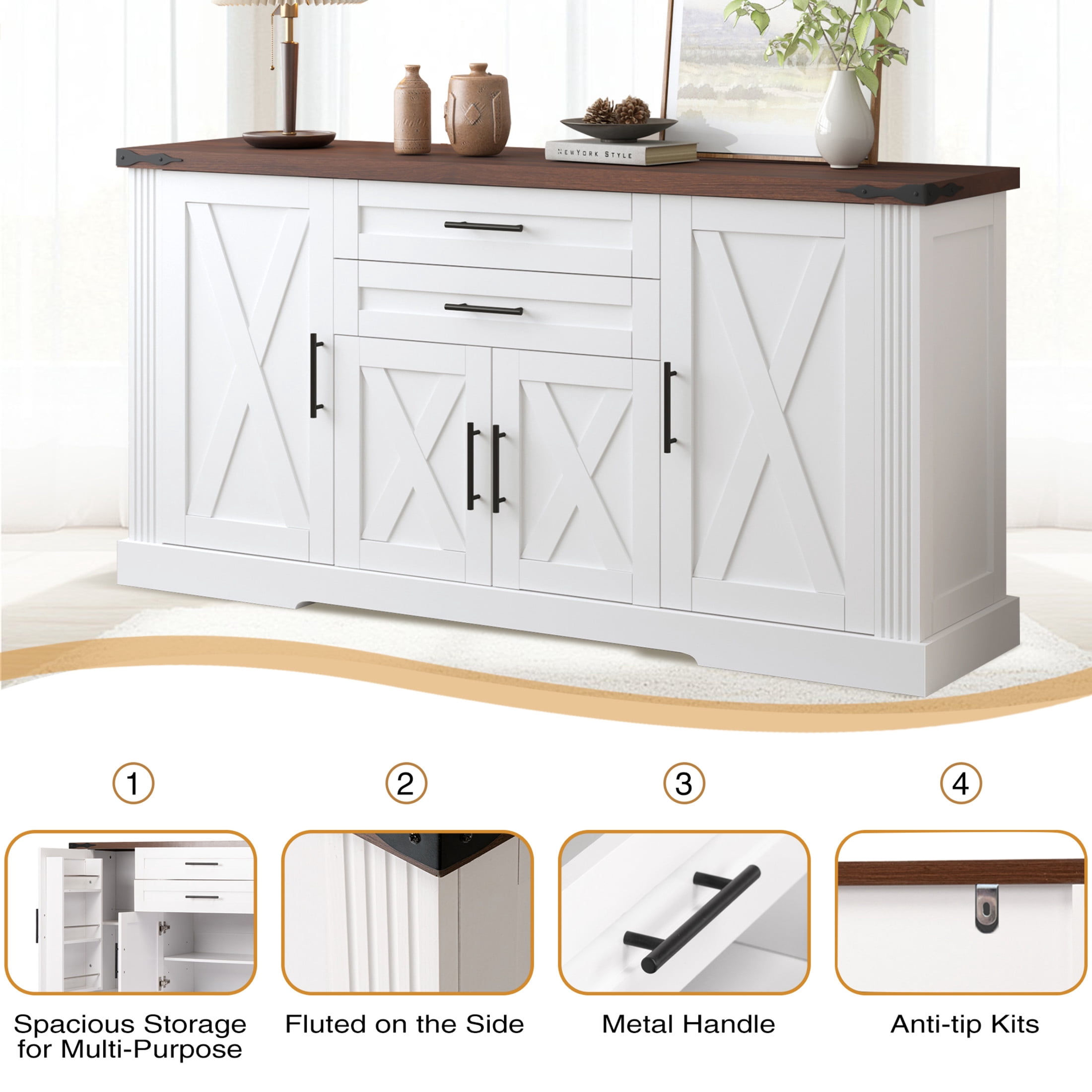Noble House 63" Farmhouse Buffet Cabinet with 2 Drawers, Adjustable Shelves and Door Racks, White