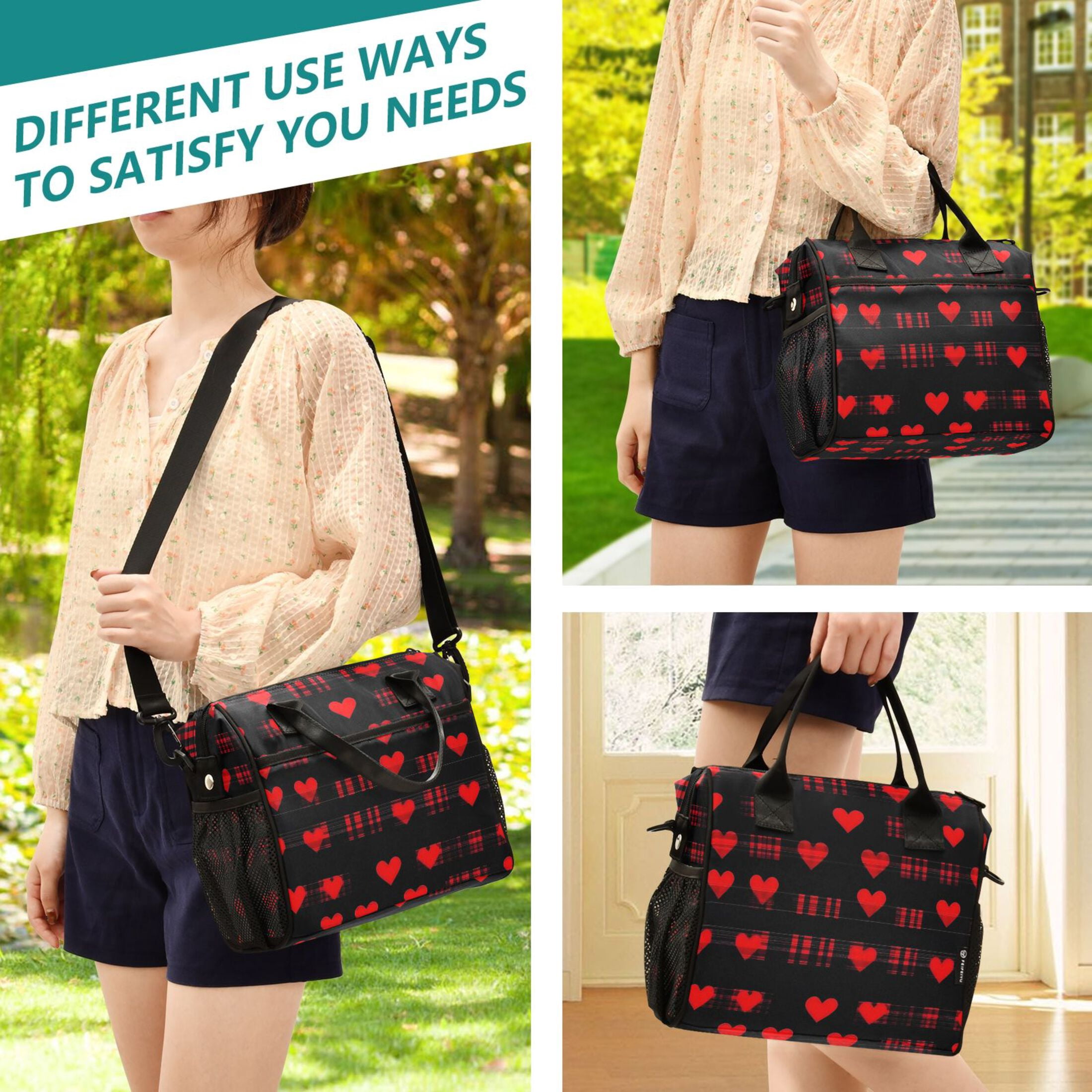 ALAZA Hearts Valentine's Day Insulated Lunch Bag Reusable Tote Box Adjustable Shoulder Strap for Work Picnic