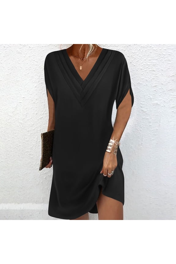U Women's V Neck Short Sleeve Dolman Sleeve Dress with Pleated, Solid Color Casual Midi Dress Black,Womens Plus M