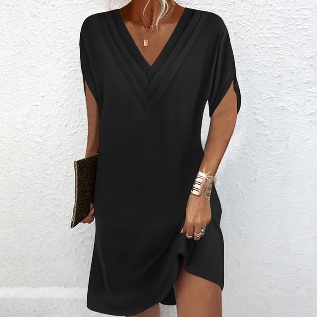 mfyjkho Vestidos para mujer, Vestido plisado de manga corta con cuello en V y mangas murciélago para mujer, color liso Vestidos festivos l