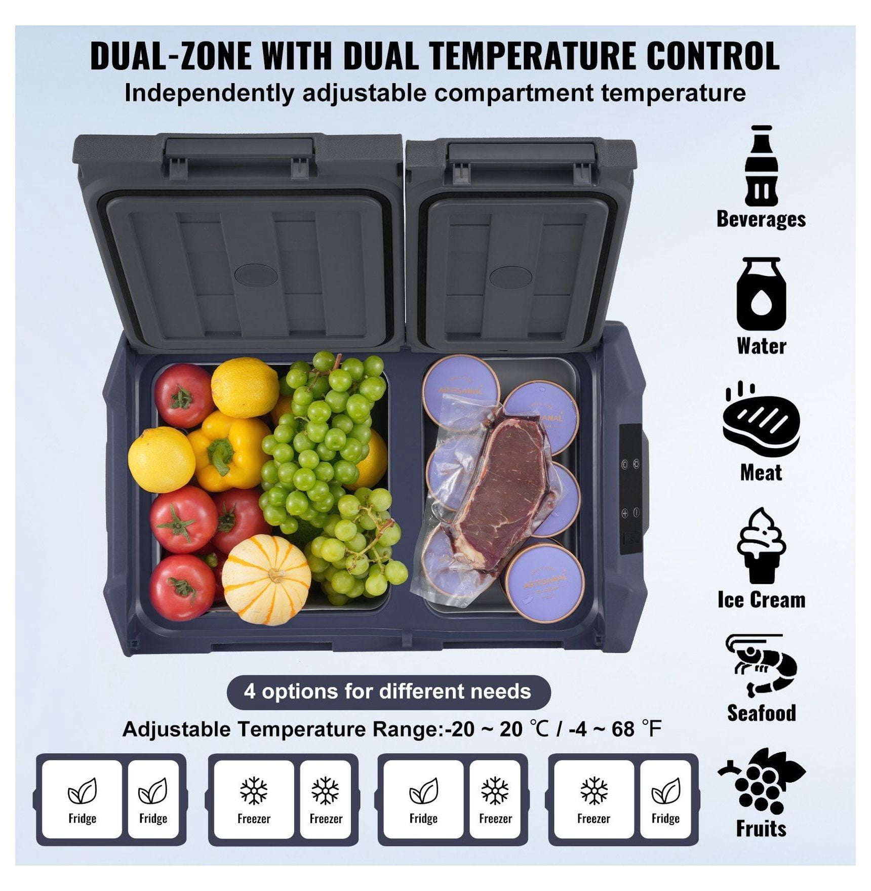 Portable Car Refrigerator Freezer 25L, Dual Zone Compressor Fridge for Car, RV, Home - Rapid Cooling, Bluetooth Control, -4°F to 68°F
