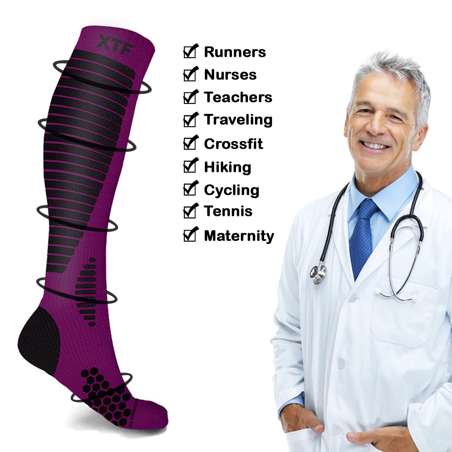 Copper Compression Socks - Knee High for Running, Athtletics, Travel - 6 Pair