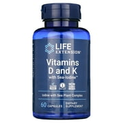 Life Extension Vitamins D and K with Sea-Iodine, vitamin D3, vitamin K1 and K2, iodine, supports immune, bone, arterial and thyroid health, non-GMO, gluten-free, 60 capsules