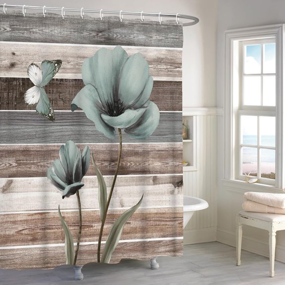 Rustic Floral Shower Curtain Farmhouse Blue Flower Butterfly on Country Wooden Bath Curtain Fabric Shower Curtain Sets for Bathroom Decor Waterproof with Hooks-72"W x 86"L (Pack of 1)
