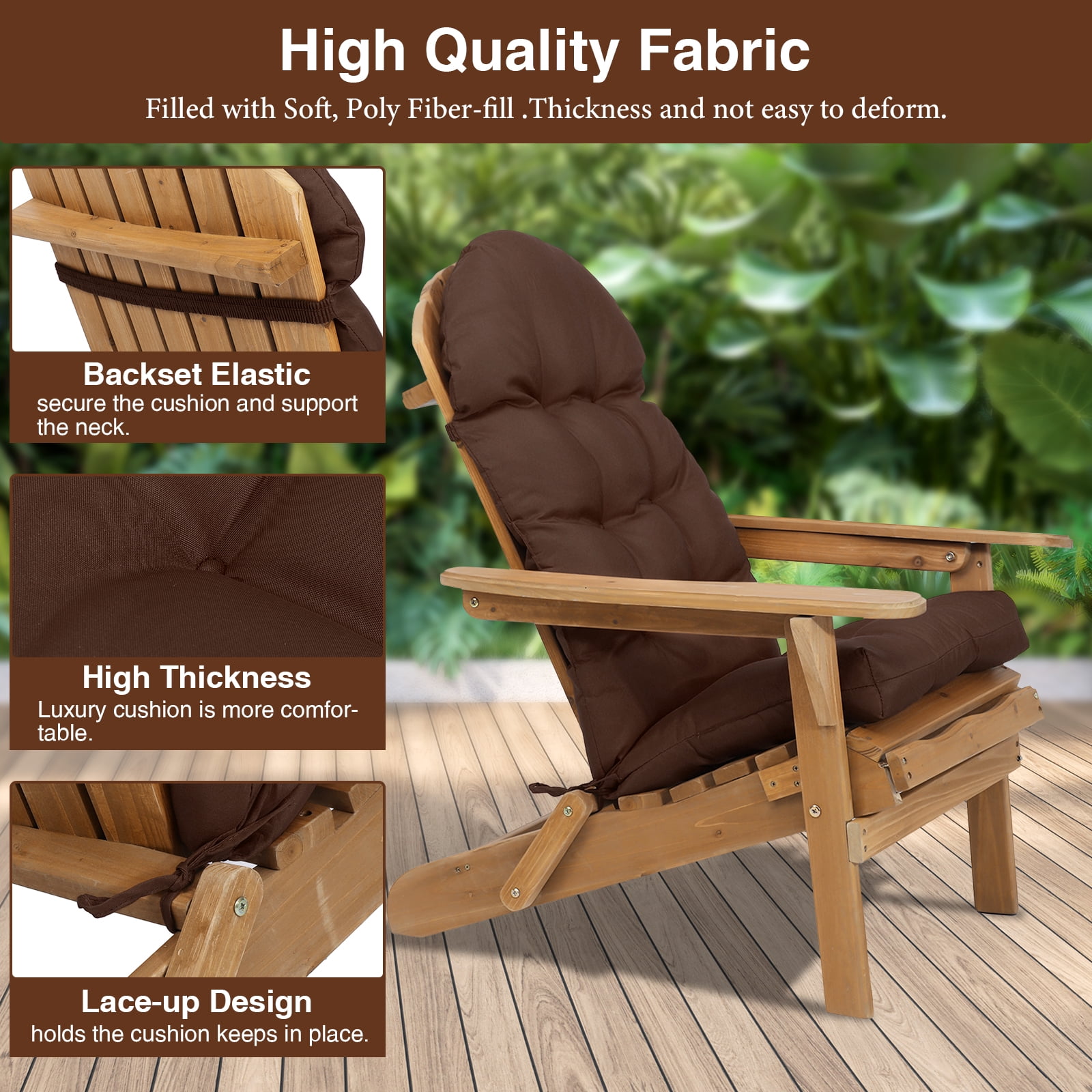 YEERSWAG Outdoor Adirondack Chair Cushions 43x20, Non-Slip Water Resistant High Back Patio Rocking Chair Pad with Ties,Brown