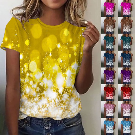 Ashirexll Womens Casual Tops Casual Sparkling Crystal Printed Round Neck Short Sleeve Top Daily Wear