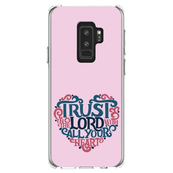 DistinctInk Clear Shockproof Hybrid Case for Samsung Galaxy S9+ PLUS (6.2" Screen) - TPU Bumper, Acrylic Back, Tempered Glass Screen Protector - Trust In The Lord With All Your Heart