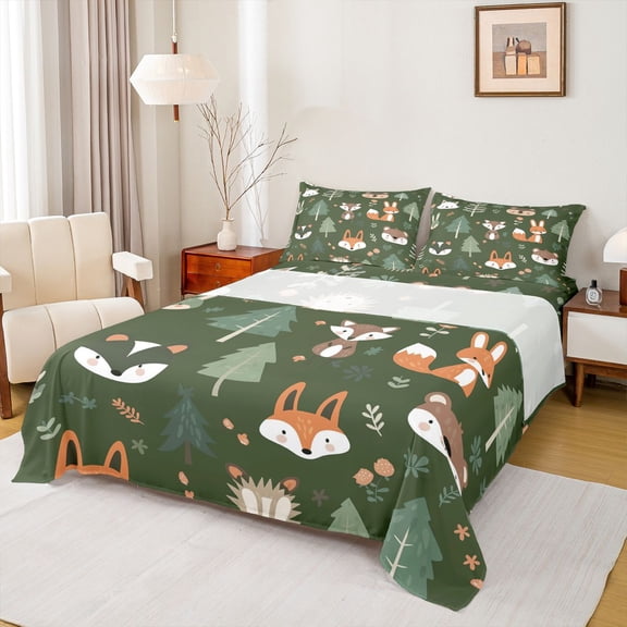 Homewish Cartoon Jungle Tree Bed Sheets for Boys, Funny Fox Bear King Sheets, Rustic Farmhouse Sheet Set, Lightweight Room Decor, 4pcs