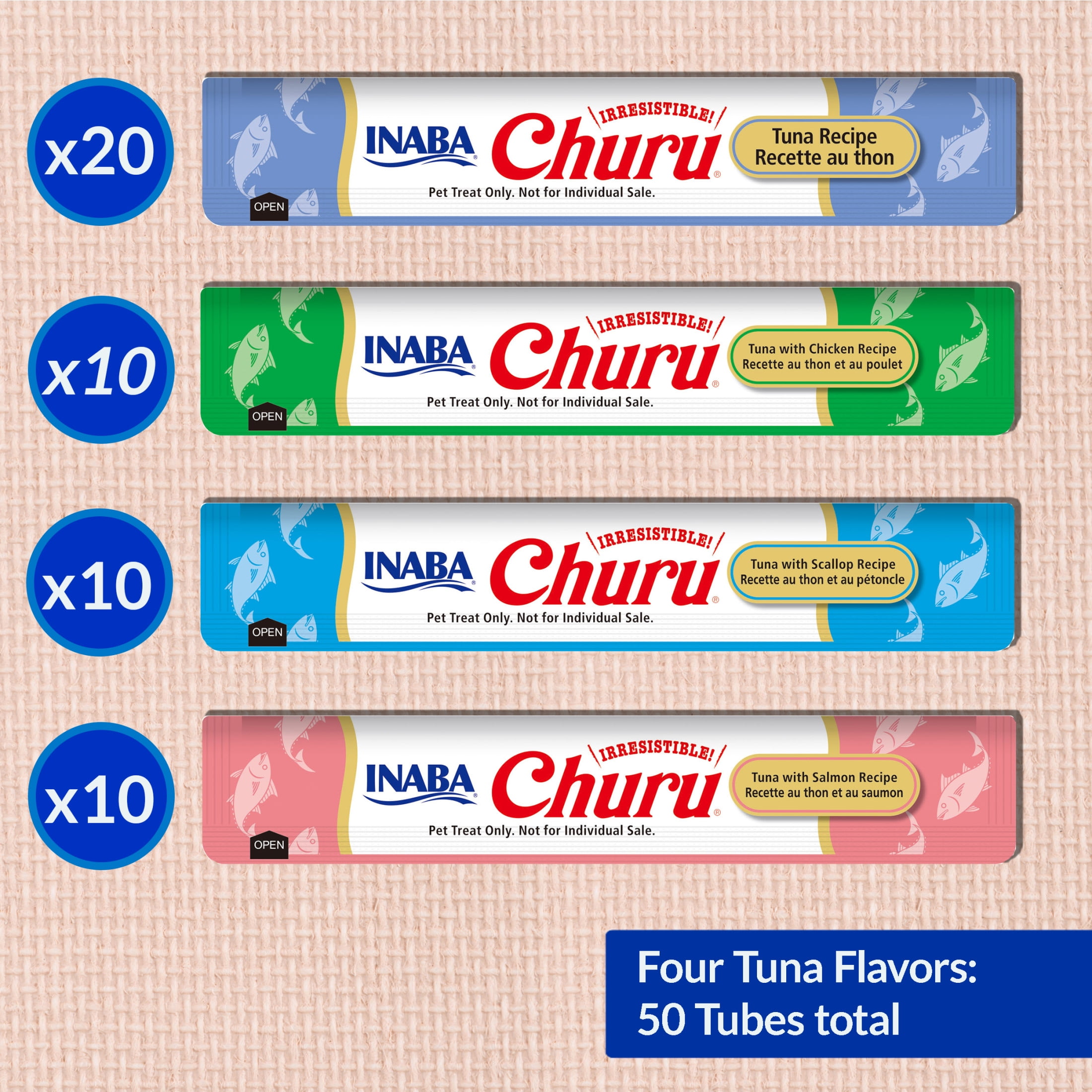 INABA Churu Cat Treats, Grain-Free, Lickable, Squeezable Creamy Purée Cat Treat/Topper with Vitamin E & Taurine 0.5 Ounces Each Tube, 50 Tubes, Tuna Variety