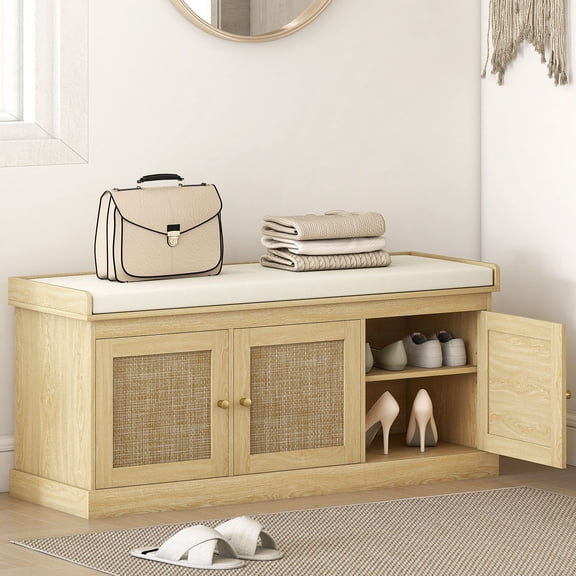 Boho Oak Shoe Storage Bench with Woven Rattan Doors, 41.3" Entryway Bench with Removable Linen Cushion and Adjustable Shelves for Hallway, Bedroom, and Mudroom Organization