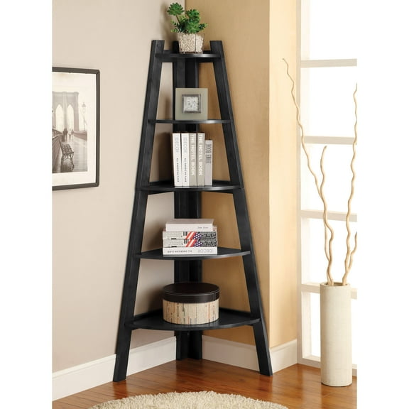 Kiki 5-Shelf Solid Wood Corner Bookcase, Black