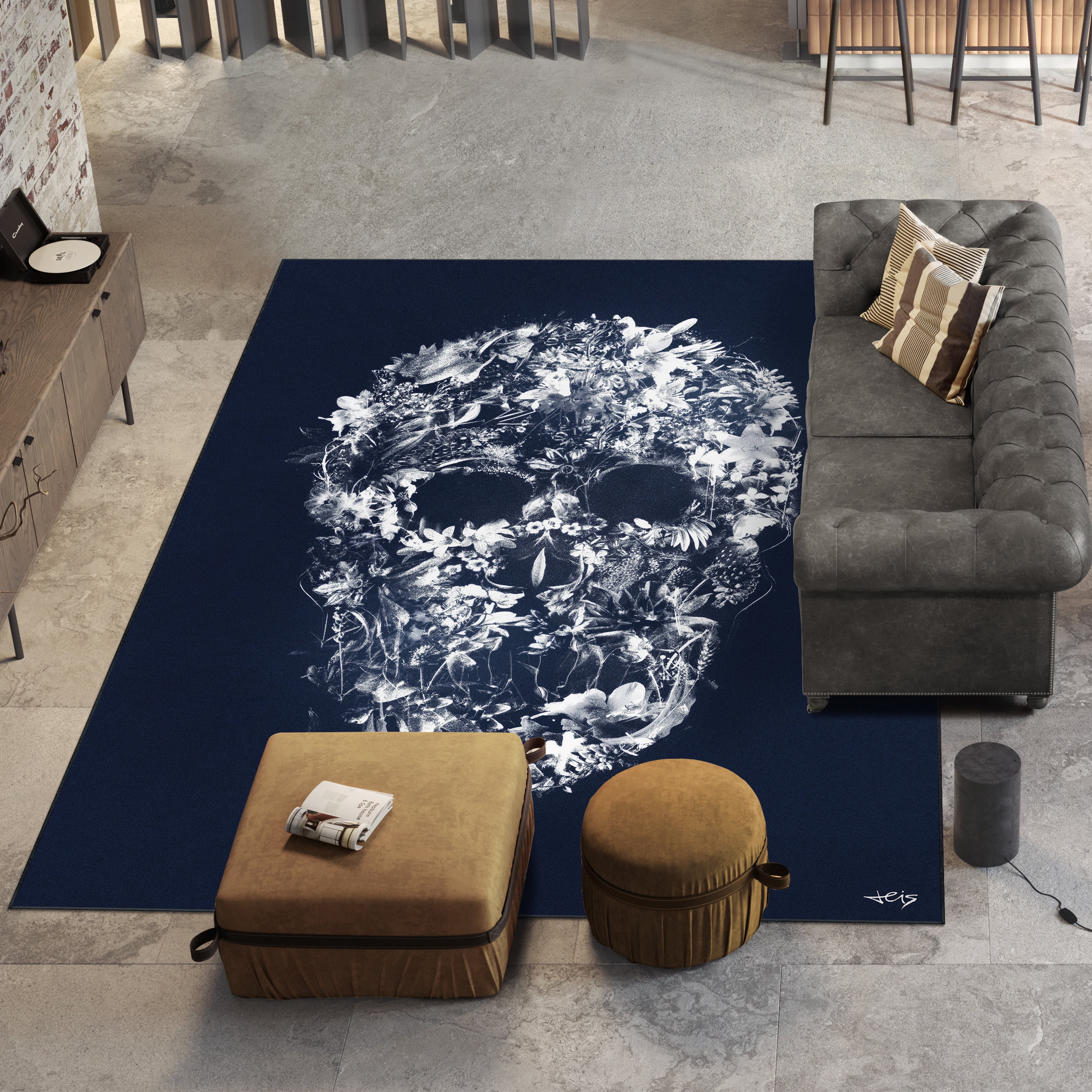Skull Silhouette Washable Art Area Rug size 8'x10', Power-loomed, Heavenly Softness with Non-Slipping Backing