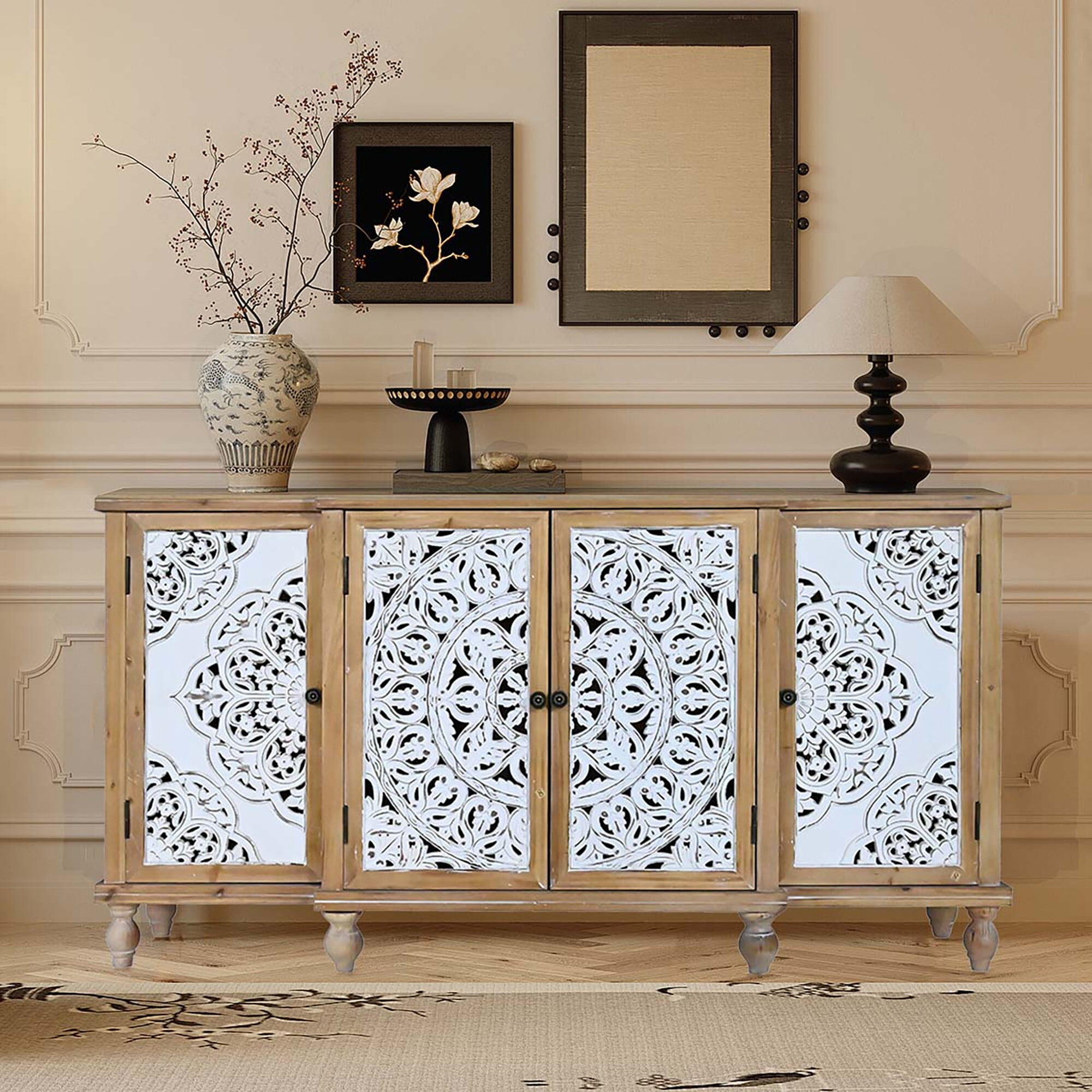 AENKYO Vintage Distressed Accent Cabinet Sideboard Buffet with Handmade Carved Doors and Adjustable Shelves, Natural