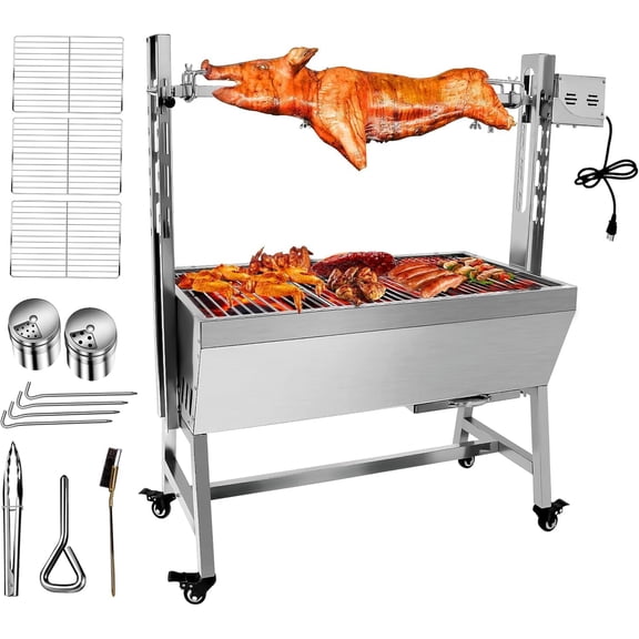 KODOM Stainless Steel Rotisserie Grill, 25W Motor Small Pig Lamb Rotisserie Roaster, 37 Inch BBQ Charcoal Rotisserie Roaster Grill for Camping Outdoor Kitchen Without Baffle
