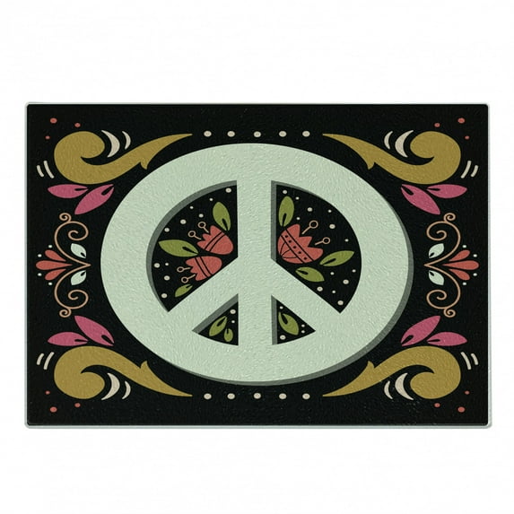 Hippie Cutting Board, Graphic Peace Sign with Flower Shapes Sixties and Seventies Pacifism or, Decorative Tempered Glass Cutting and Serving Board, Small Size, Multicolor, by Ambesonne
