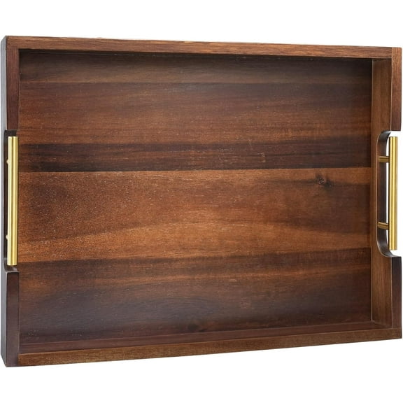 Acacia Wooden Serving Tray with Metal Handles 16.7 x 12.8 inch Decorative Ottoman Tray for Living Room Coffee Table Large (Color Brown)