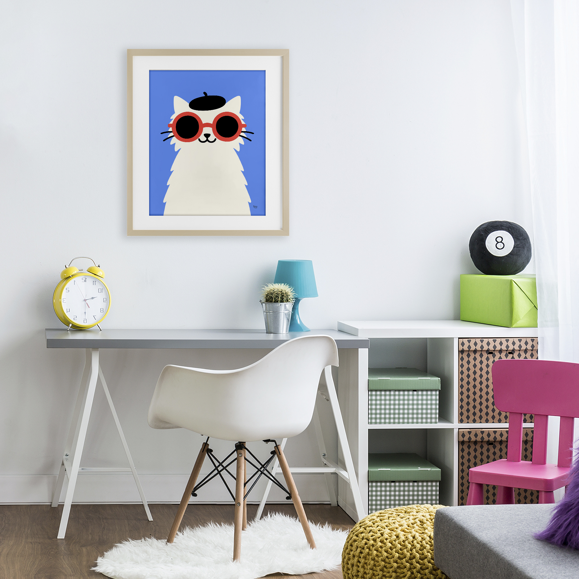 Stylish French Cat Birch Framed Print Under Glass, design by Jessica Beck