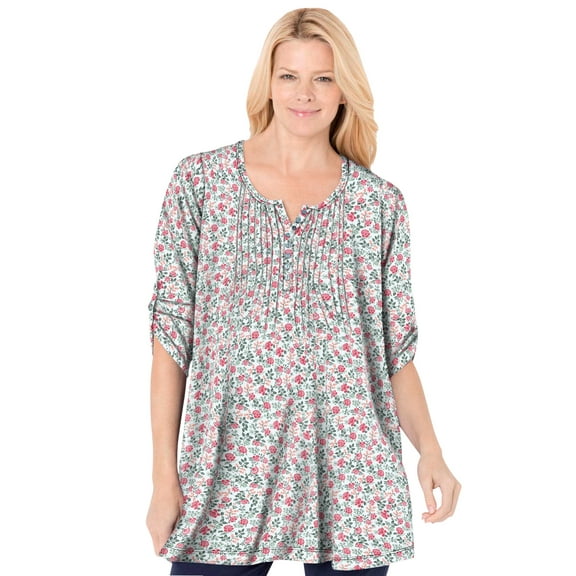 Woman Within Plus Size 7-Day Three-Quarter Sleeve Pintucked Henley Tunic