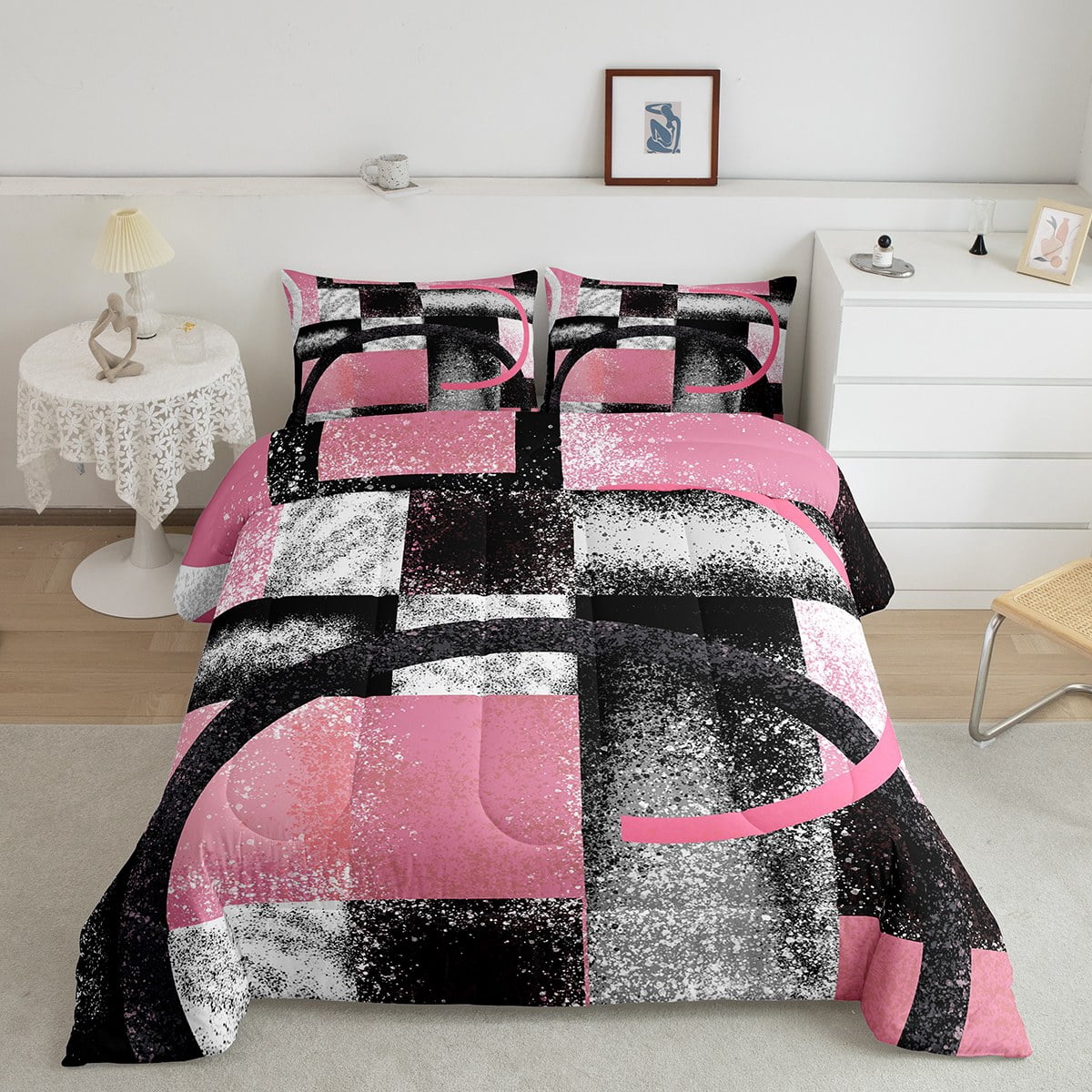 Manfei Circle Geometric Bedding Sets Full with Comforter, Grey Pink Comforter Sets Full Size, Abstract Stripes Reversible Down Comforter, Ultra Soft Bedroom Decorative, 3pcs