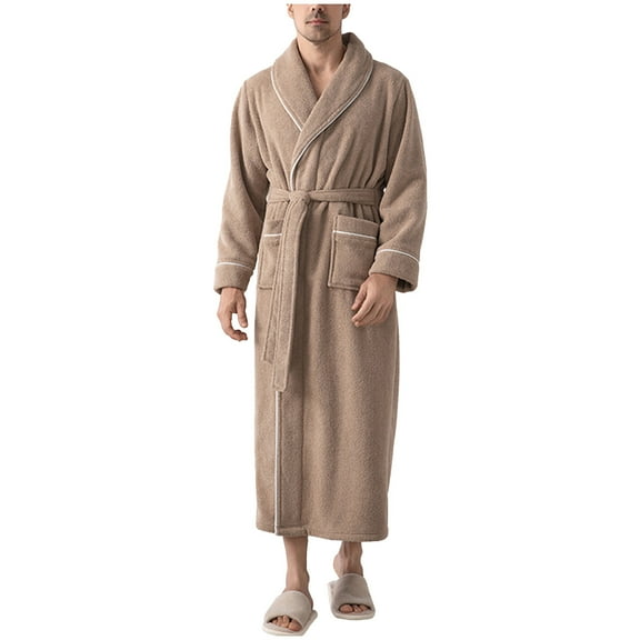 Mens Plush Fleece Collar Shawl Robe, Cozy Warm Bathrobe Fuzzy Male Spa Long Robe with Pockets