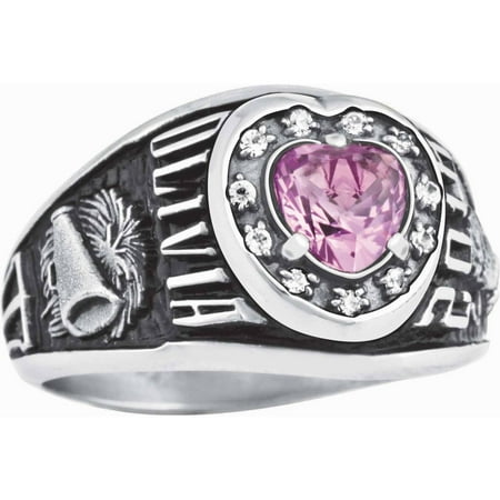 Keepsake Personalized Women's Cubic Zirconia Accent Heart Class Ring in Valadium Metals, Silver Plus, Yellow and White Gold