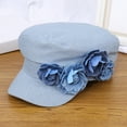 thumbnail image 4 of Women's Summer Denim Flat Top Hat With Three Contrasting Color Flowers Fashionable And Face Enhancing Small Beret, 4 of 4