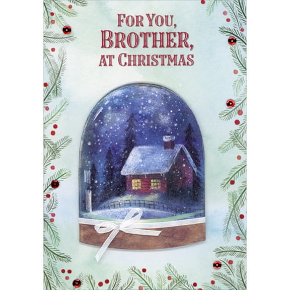 Designer Greetings Snow Covered Home 3D Die Cut Snow Globe with Brown Base, White Ribbon and Sequins Hand Decorated Christmas Card for Brother