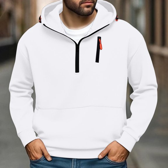 SYMOID Men's Half-Zip Pullover Hoodie 100% Polyester Quick-Drying with Kangaroo Pocket Ribbed Hem - White, Size XL