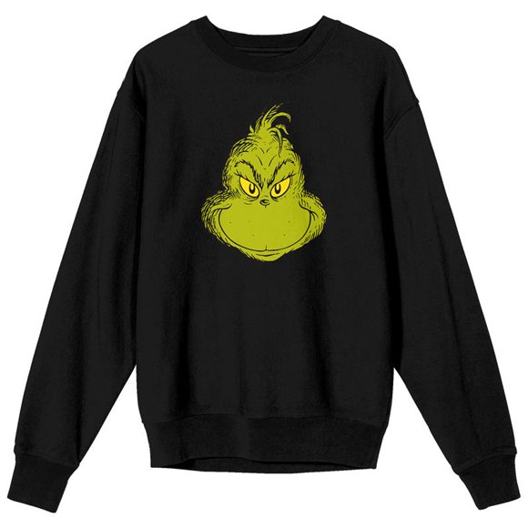 Le Grinch Visage Souriant Grinch sur Fond Noir Manches Longues Adulte - Moyen