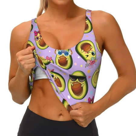 Qokaie Cartoon Avocados Pattern Womens Scoop Neck Sports Bra Breathable Workout Vest Padded U Back Medium Impact Fitness Gym Yoga Bra Workout Crop Top