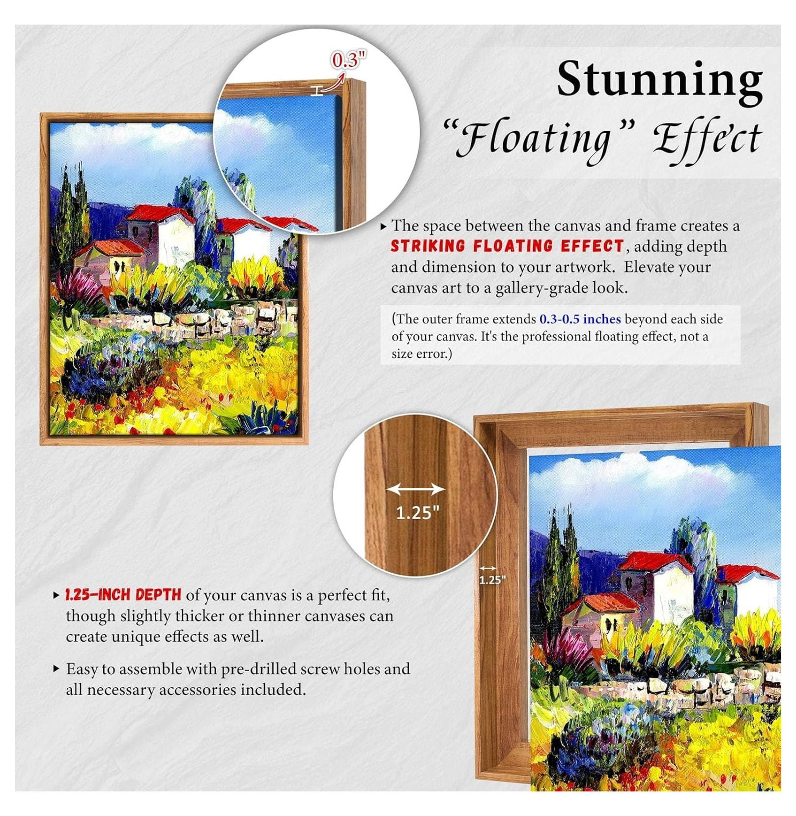 Floater Frame for 1.25 thick Canvas, Available in 25+ size and 4 Color, Perfect Floating Frame for Finished Canvas Artist Panel Oil Painting Wall Art Décor (Light Oak Frame, 8"x10")