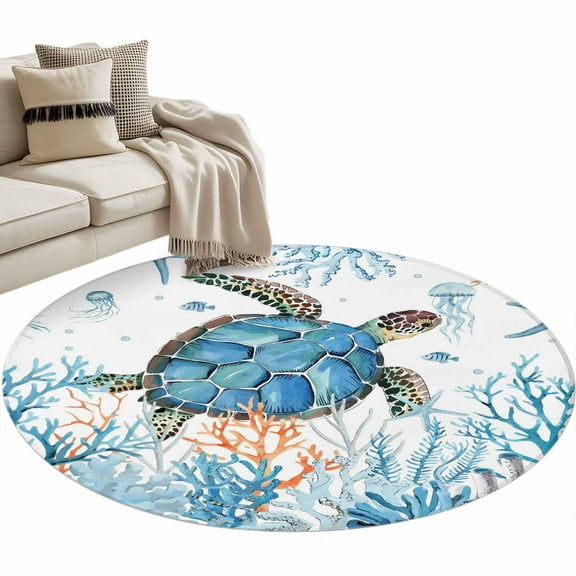 Sea Turtle Coastal Round Area Rug 3 FT, Small Kitchen Bathroom Mat, Nautical Summer Beach Coral Ocean Washable Indoor Outdoor Throw Runner Carpet Non-Shedding Doormat for Table Shower Sofa Entryway