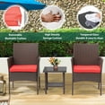 thumbnail image 3 of 3 Piece Bistro Conversation Set Patio Brown Wicker Chairs Furniture Outdoor Furniture Set 2 Rattan Chairs with Red Cushions and Glass Coffee Table for Porch Lawn Garden Balcony Backyard, 3 of 7