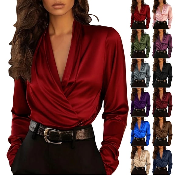 Women Silk Satin Shirts Long Sleeve Ruched V Neck Blouse Business Dressy Casual Loose Tops Outfits