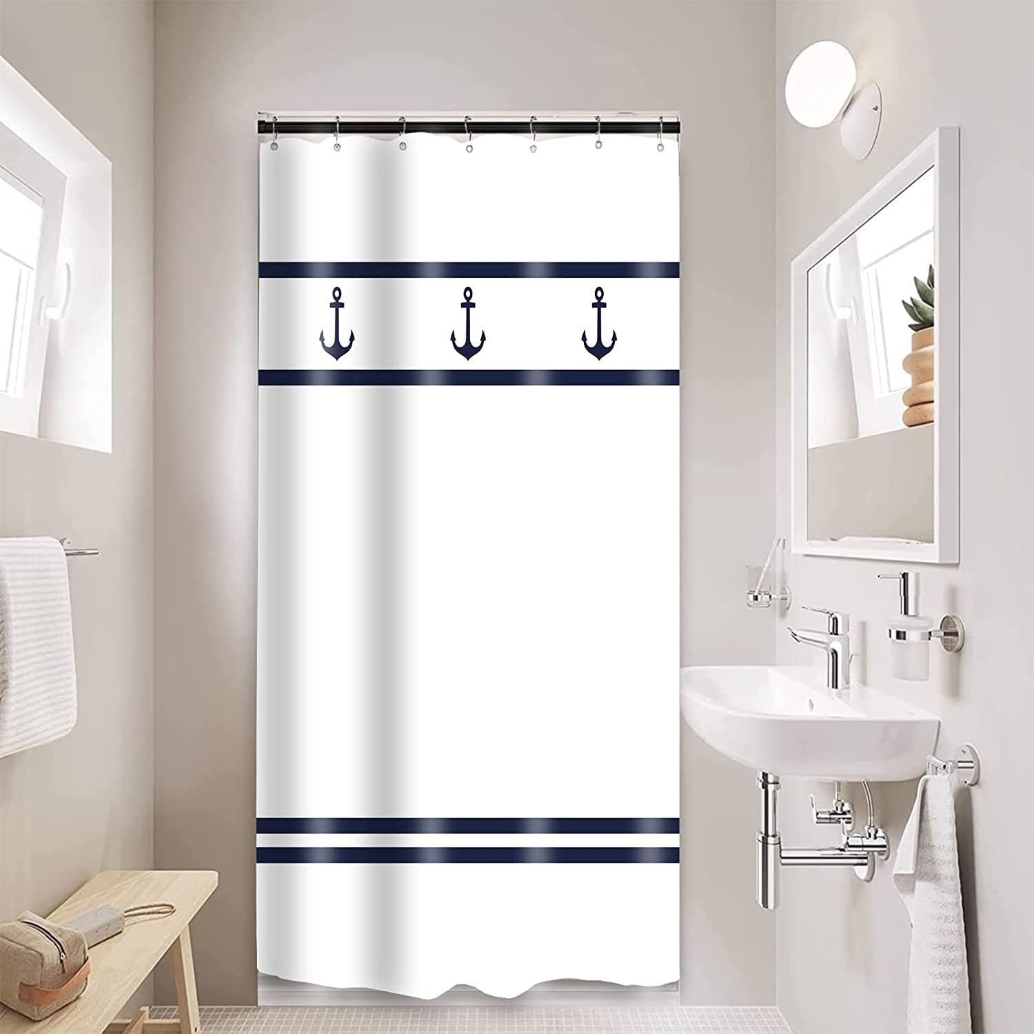 Rustic Nautical Shower Curtain,Lighthouse Sailing Beach Bathroom Shower Curtains,Navy Blue Coastal Bath Curtains Sets with 12 Hooks 72x72in,Waterproof Fabric