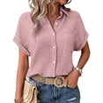 thumbnail image 4 of Yigetop Short Sleeve Button Up Women, Womens Short Sleeve Summer Shirts Batwing Sleeve Pocket Patched Shirt Collared Tops Dressy Casual V Neck Blouses Button Up Shirts Women Pink L, 4 of 9