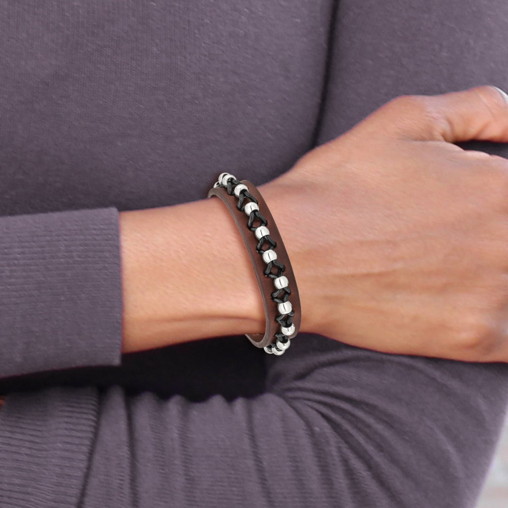 Diamond2Deal Stainless Steel Black and Brown Leather with Polished Beads Bracelet for Men 8.5"