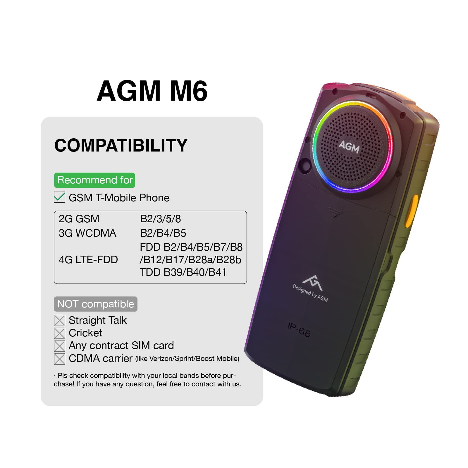 AGM M6 4G Cell Phone Unlocked Rugged Phone for Seniors & Kids, Dual SIM  IP68/IP69K Waterproof Phone, MIL-STD-810H, T-Mobile, 2.4 Screen 48MB+128MB