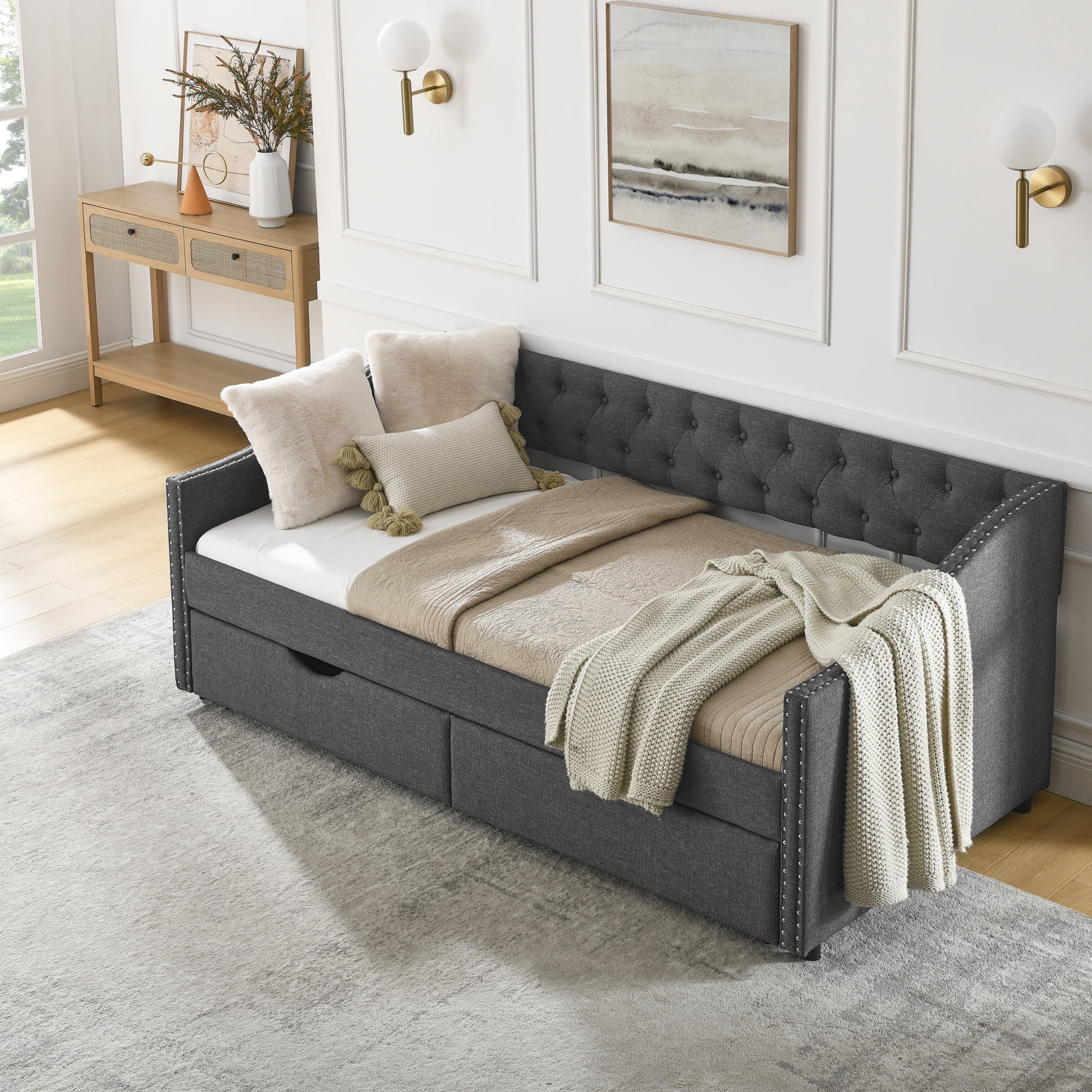 Noble House Twin Size Button Tufted Daybed, Linen Sofa Bed Frame with Storage Drawers and Nailhead Waved Arms, Dark Grey