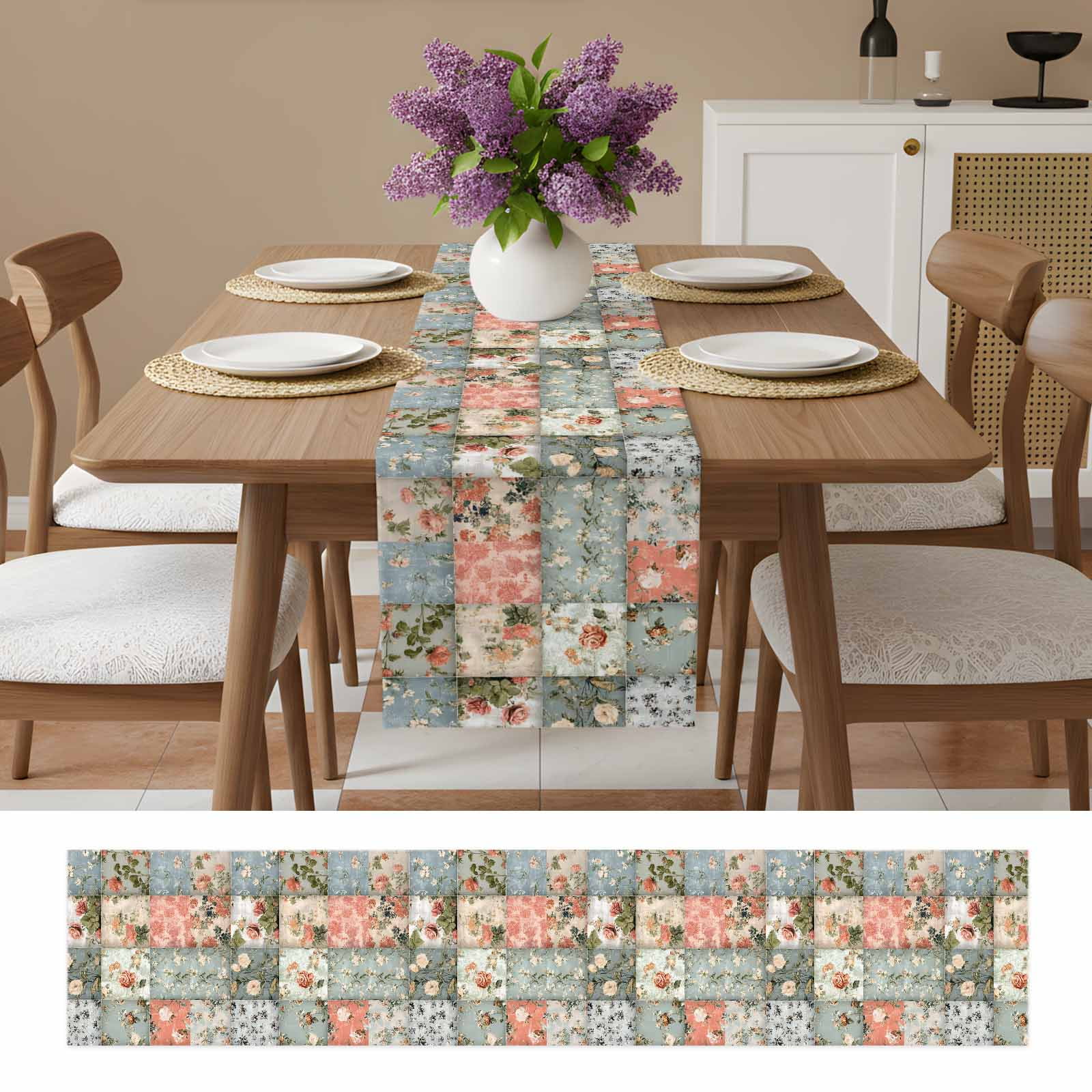 Elegant Spring Floral Cotton Linen Table Runner for Dining Kitchen, Farmhouse Summer Botanical Plaid Wedding Outdoor Party Tablerunners Decoration,Dresser Scarf Coffee Tablecloth Runners 13x90 Inches