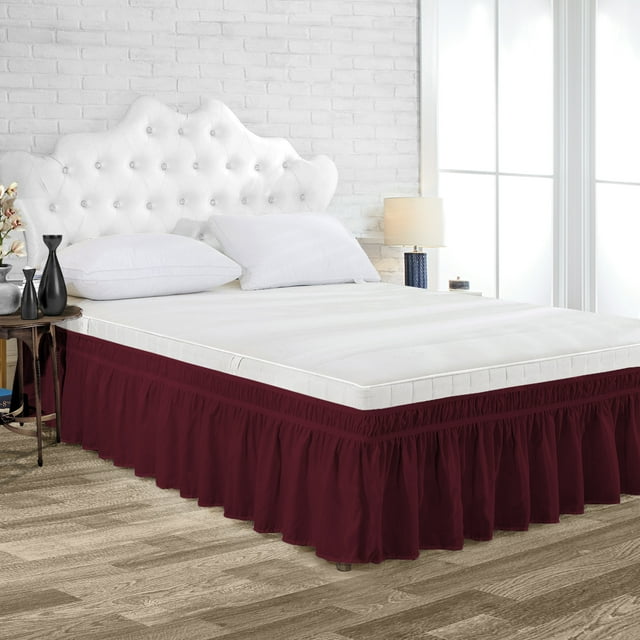 Dee's Collection Three Quarter Size Microfiber Wrap Around Solid Bed Skirt with Elastic Belt (9 Inch Drop, Wine)