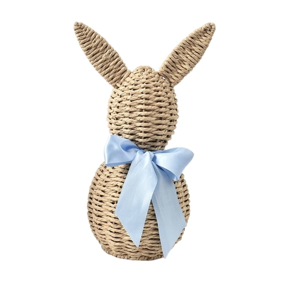 Rattan Bunny Figurine with Blue Bow, Handwoven Wicker Rabbit Sculpture, Rustic Farmhouse Easter Bunny Decor for Front Door Entryway Table Shelf Mantel, Natural Spring Home Accent Indoor Display(Blue)