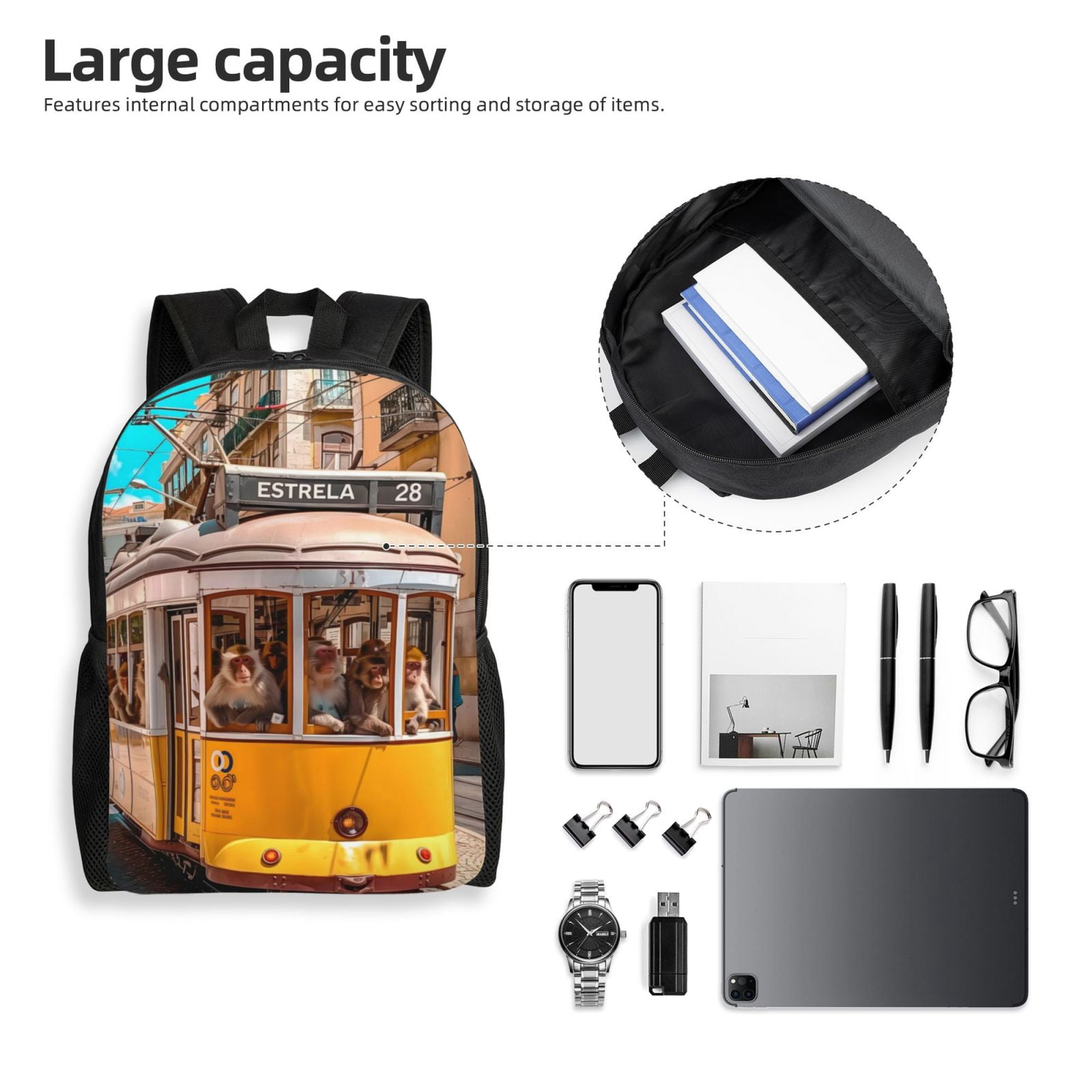 Xecao Modern Urban Monkey Print School Backpack with Laptop Compartment Small Travel Laptop Backpack for Women Men Waterproof College Backpack Simple School Bag