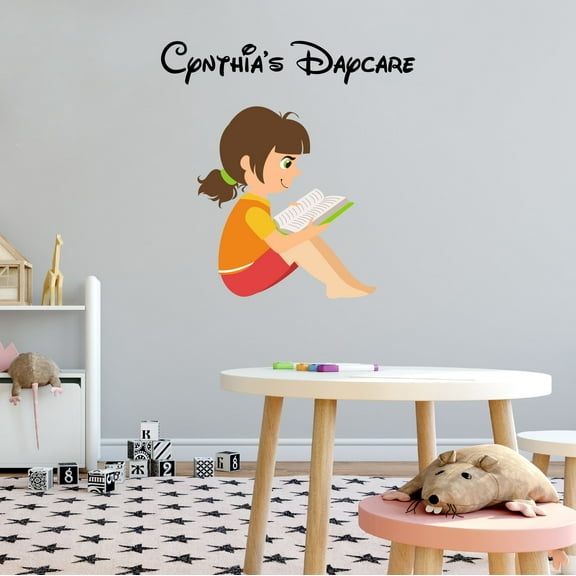 Personalized Name Day Care Wall Decal Cute Little Girl Reading Book Daycare Wall Decal for Care Taker Education Cute Themed Room Décor - Size: 10 In x 10 In