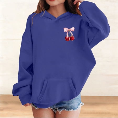 UACY Cute Cherry Hoodie for Girls Bow Graphic Hoodies Kids Long Sleeve Hooded Sweatshirt Preppy Pullover with Pocket (Dark Blue 11-12 Years)