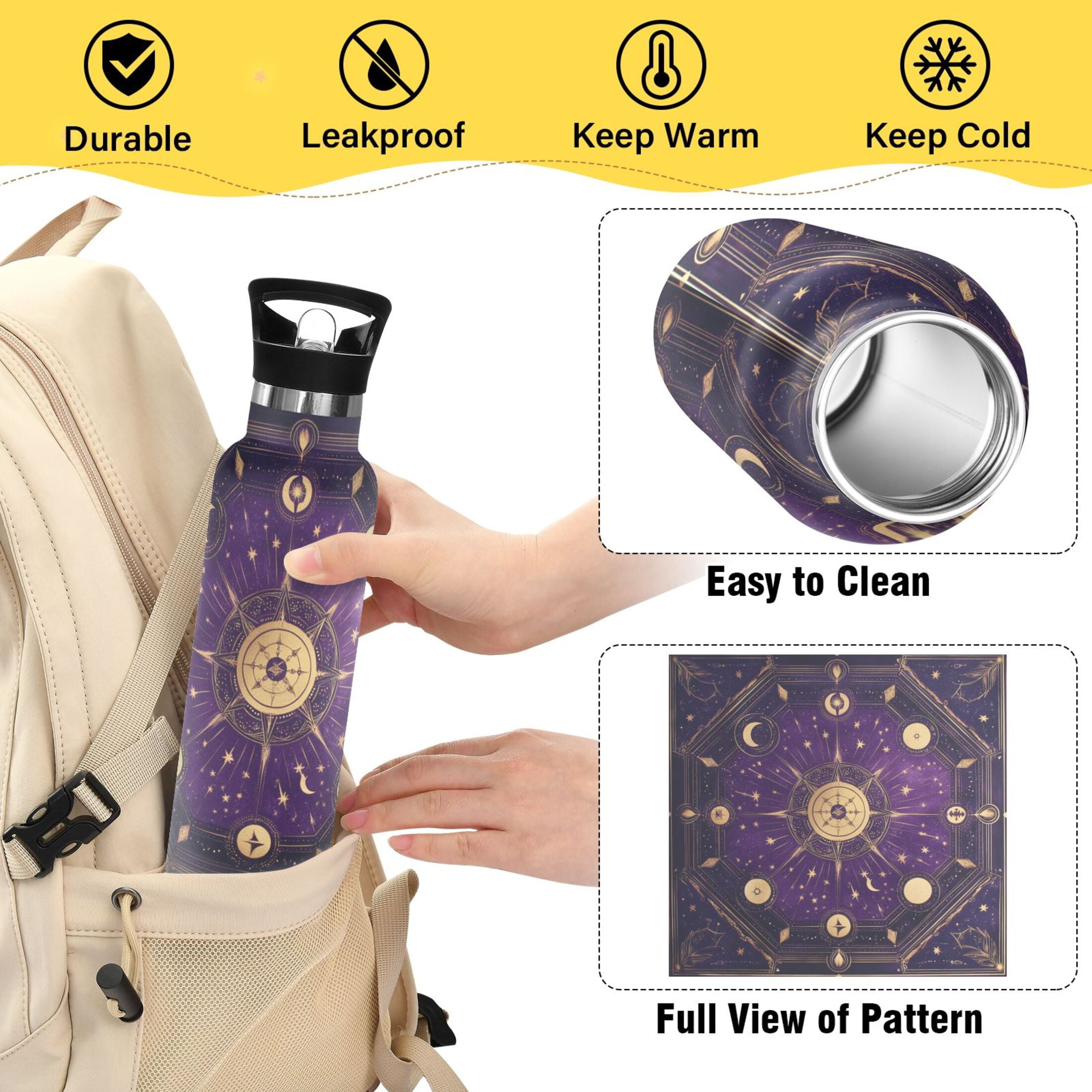 Kids Insulated Stainless Steel Sports Water Bottle 600ml (20oz) Purple Celestial Octagon Pattern