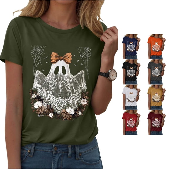 Halloween Shirts for Women T-Shirts for Women Casual Graphic Tee with Round Neck and Distinct Pattern Seasonal Summer Out for Jeans Green XL