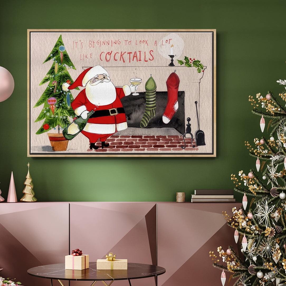 Get Blitzened Collection A - Framed Gallery Wrapped Holiday Canvas - 17 x 25 - Natural Wood Frame